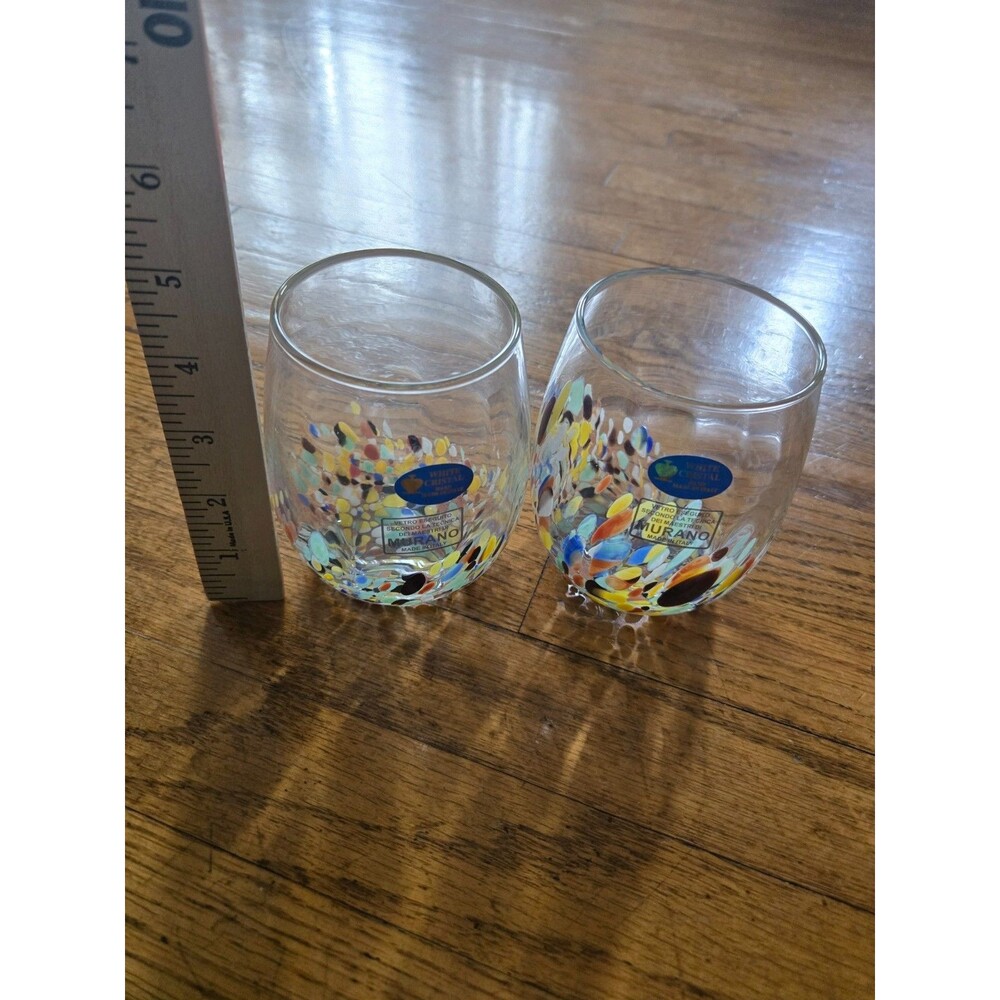 Murano Set of 2 Crystal Confetti Stemless Glasses Hand Blown Italy New - Picture 7 of 7